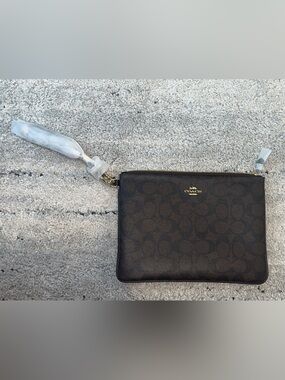 Coach Dark Brown Signature Zip Wrist Pouch with Gold Logo